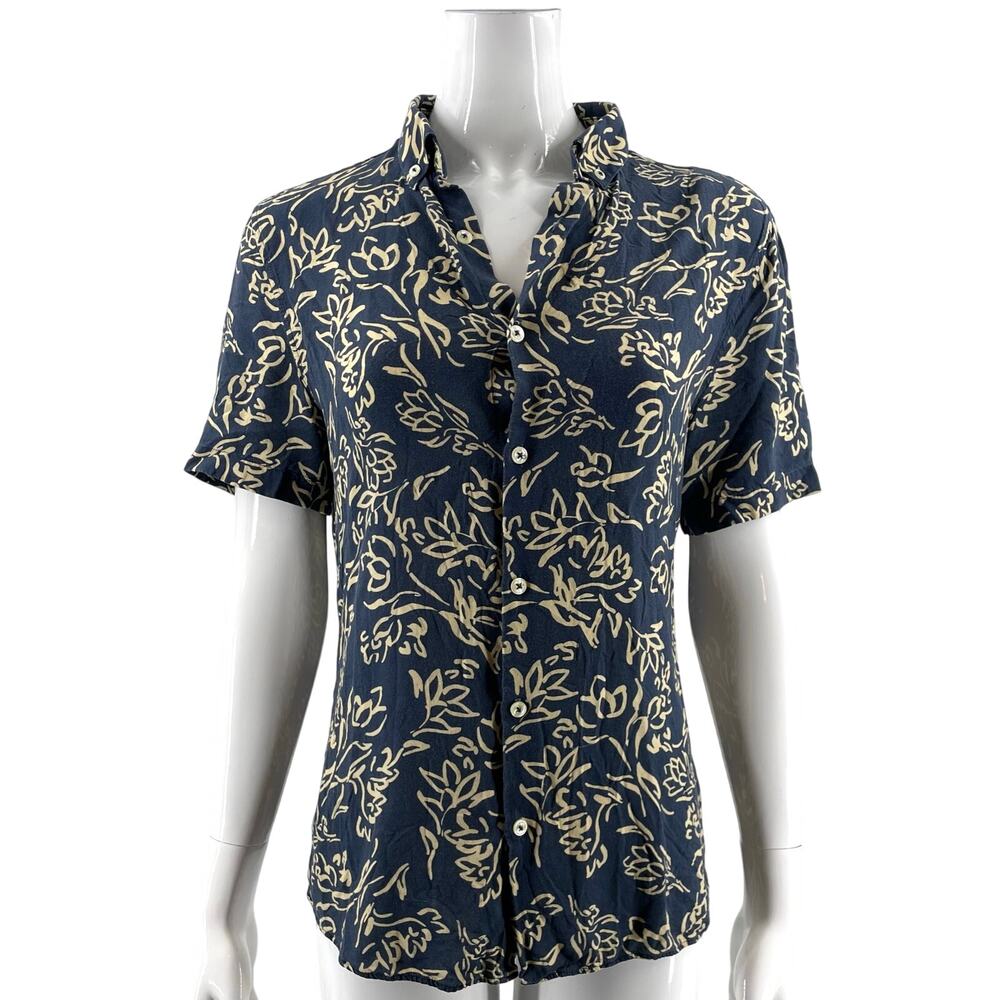 River Island Womens Top Size Medium Blue Beige Floral Button Up Short Sleeve